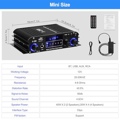 Stereo Audio Amplifier for Home Speakers S-288 Bluetooth 5.0 HiFi Mini Amp | Audio Component Amplifiers Receiver 4.0CH RMS 40Wx4 Max. 600W Integrated Power Amp W/USB,FM,Adapter - color: S-288(4.0CH 40W*4 RMS)
