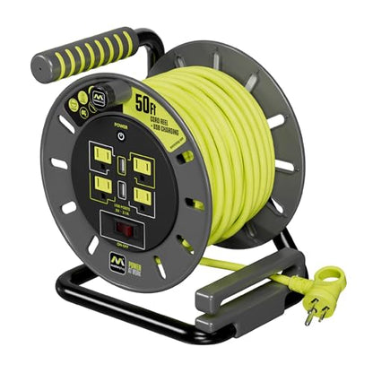 Masterplug 50ft Cord Reel, Retractable Extension Lead with Winding Handle, Safety Overload Circuit Breaker and Power Switch, 4X Grounded Outlets, 2X USB Ports, 13amps, 14AWG Cable - size: 50ft, style: 14 AWG