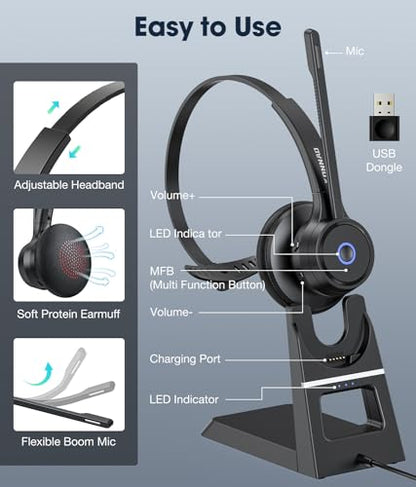 Bluetooth Headset with AI Noise Cancelling Microphone, V5.3 Wireless Headphones with USB Dongle, Charging Station, Microphone Mute Switch, Wireless Headsets for Work