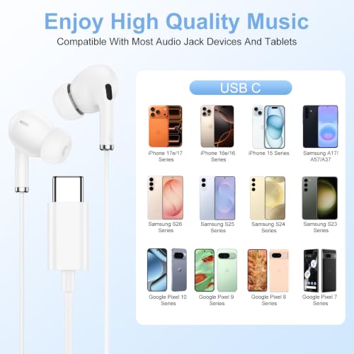 USB C Wired Headphones Earbuds for Samsung Galaxy S26 Ultra S26 S25 S24 S23 | Wired Earphone with Microphone Corded Earbuds Audifonos In-Ear Buds for Google Pixel 10 Pro Fold 10 Pro 10 XL 10A 9A 9 8 7 6