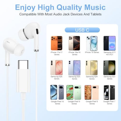 USB C Wired Headphones Earbuds for Samsung Galaxy S26 Ultra S26 S25 S24 S23 | Wired Earphone with Microphone Corded Earbuds Audifonos In-Ear Buds for Google Pixel 10 Pro Fold 10 Pro 10 XL 10A 9A 9 8 7 6