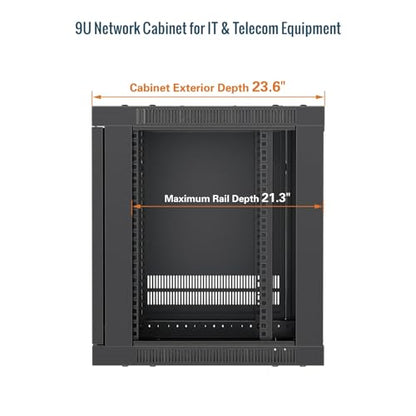 Tecmojo 9U Wall Mount Rack Cabinet, Heavy-Duty 176 Lbs High Load Capacity, 19” Enclosed Server Network Rack with 2 Colling Fans, Mesh Door, 23.6” Deep – Elite Collection - size: 9U/23.6in Depth/Mesh Door