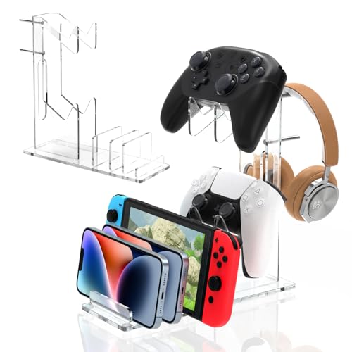 Kzlaonef Acrylic Game Console Shelf for PS5/Xbox/Switch | Desk Organizer with Headset & Controller Holder | Modern Gaming Accessory Storage
