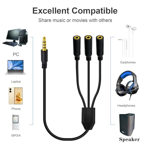 3.5mm Headphone Y Splitter Audio Cable (50cm) | 4Poles 1 to 3 Way 3.5mm (1/8") TRRS AUX Stereo Jack 1 Male to 3 Female Adapter Cord for Earphone,Headset,Laptop,Phone(3 Way) - style: 3 Way