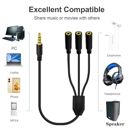 3.5mm Headphone Y Splitter Audio Cable (50cm) | 4Poles 1 to 3 Way 3.5mm (1/8") TRRS AUX Stereo Jack 1 Male to 3 Female Adapter Cord for Earphone,Headset,Laptop,Phone(3 Way) - style: 3 Way