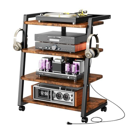 CABTE Mobile AV Media Stand with Outlets and 4 Rolling Caster Wheels | 4-Tier Rolling TV Stand for Gaming Console, Stereo, DVD Player, Sturdy Metal Frame, Versatile Living Room,Bedroom (Brown) - color: Retro Brown