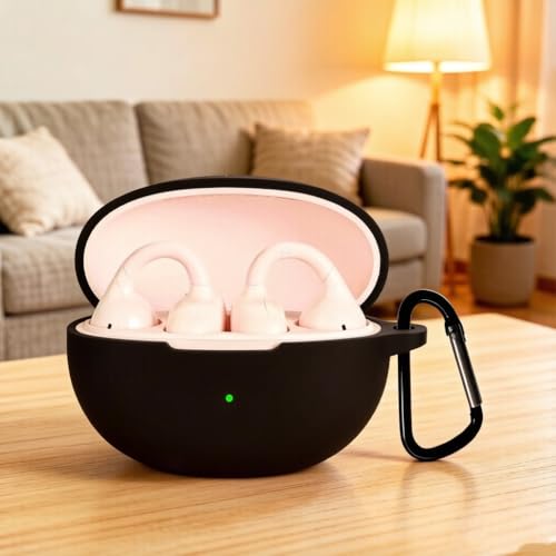 Silicone Protective Case for i121 Earbuds, Compatible with King Lucky Clip-On Open Ear Headphones, Full Cover Shockproof Anti-Scratch Case with Keychain Carabiner, Charging Port Access - color: Black