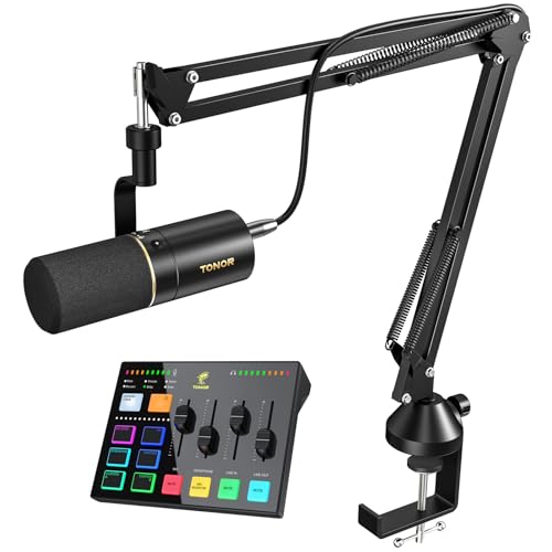 TONOR Dynamic Podcast Microphone Kit, Audio Interface and XLR/USB Mic for Podcasting, Recording, XLR Cardioid Studio Mic with Quick Mute, 3.5mm Jack, Volume Control, Microfono with Boom Arm, Black, E7