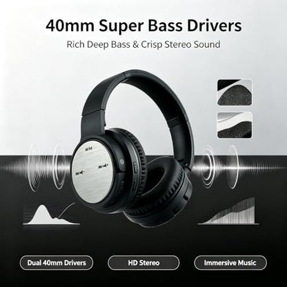 BS660 Bluetooth Headphones, 40mm Deep Bass Over Ear Wireless Headset with Bluetooth 5.3, Invisible Touch Control, 400Mha Battery, Foldable Comfort Earpads with Portable Carry Case for Travel - color: Black