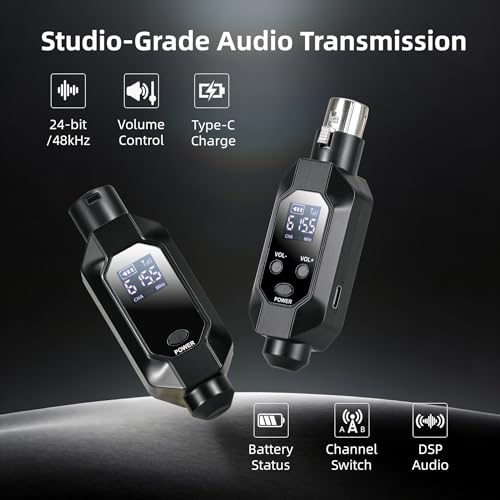 Wireless XLR Transmitter and Receiver, 500ft XLR Wireless Transmitter Receiver with 2x30 Channels, Dynamic Mic Wireless Adapter for PA Mixer, Church, Stage