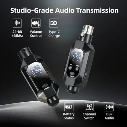 Wireless XLR Transmitter and Receiver, 500ft XLR Wireless Transmitter Receiver with 2x30 Channels, Dynamic Mic Wireless Adapter for PA Mixer, Church, Stage