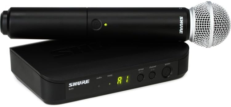 Shure BLX24/SM58 Handheld Wireless Audio System J11 Band (596–620 MHz) – BLX4 Receiver, BLX2 Transmitter with SM58 Dynamic Mic, Up to 14 Hr Battery, 300 ft Range | BLX4 Receiver, BLX2 Transmitter with SM58 Dynamic Mic, Up to 14 Hr Battery, 300 ft Range -