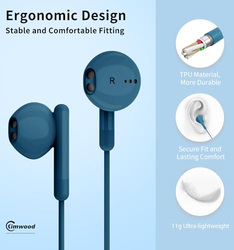 Kimwood Wired Earbuds with Microphone, Wired Earphones in-Ear Headphones HiFi Stereo, Powerful Bass and Crystal Clear Audio, Compatible with iPhone, Android, Computer Most with 3.5mm Jack(Blue) - color: Blue, size: regular