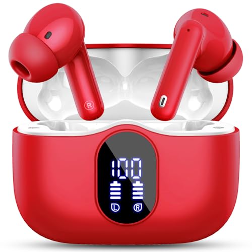 Wireless Earbuds, Bluetooth 5.4 Headphones Bass Stereo/Clear Calls, Red | Ear Buds with Noise Cancelling Mic LED Display in Ear Earphones IP7 Waterproof 36H Bluetooth Earbuds for Phones/Sport/Laptop - color: Red