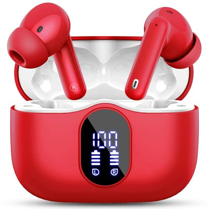Wireless Earbuds, Bluetooth 5.4 Headphones Bass Stereo/Clear Calls, Red | Ear Buds with Noise Cancelling Mic LED Display in Ear Earphones IP7 Waterproof 36H Bluetooth Earbuds for Phones/Sport/Laptop - color: Red