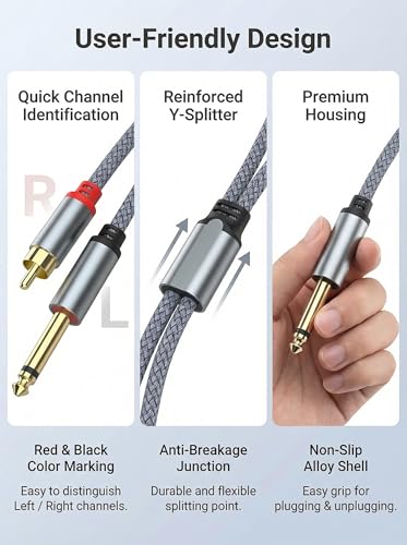 Dual RCA to Dual 1/4 Inch Cable 3.3ft, 2 RCA Male to 6.35mm Male TS Audio Adapter, Gray Nylon Braided Cord for Mixer, Amplifier, Speaker, Powered Subwoofer, Home Theater (1 Meter)