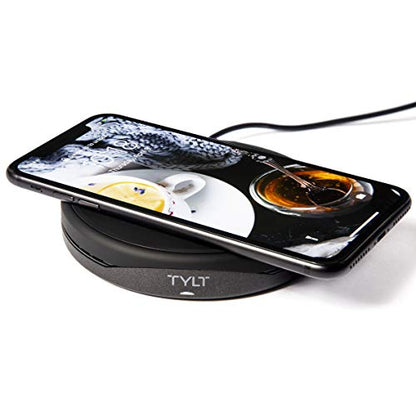 TYLT Crest Round Wireless Charger, Universal Fast Wireless Charging Pad, QI Certified 10w Max Compatible with Apple iPhones, Samsung Galaxy Phones, Wireless Buds and Other QI Capable Devices| Black