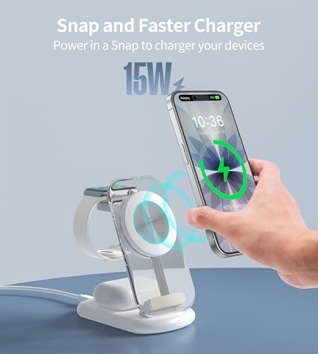3 in 1 Magnetic Wireless Charging Station for Apple Devices | Fast Travel Charger Stand with Night Light for MagSafe-enabled iPhone 17 16 15 14 13 12 Series, Apple Watch/AirPods Pro, WH - color: White