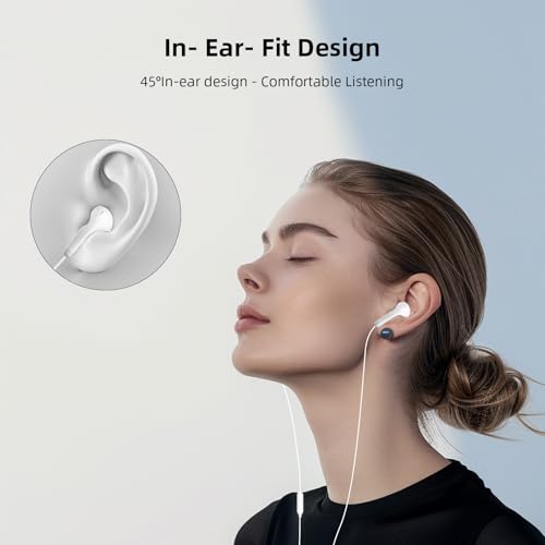 3.5mm Aux Jack Wired Earbuds with Mic & in-Line Volume Control Headphones for iPhone Kids School Students, Crystal Clear Audio Corded in-Ear Buds for Samsung Chromebook Computer Laptop PC, White