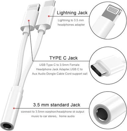 [Apple MFi Certified] Lightning USBC to 3.5 mm Headphone Jack Adapter | iPhone Headphones Aux Audio Dongle USB C Type C to 3.5 Female Adapter for iPhone 17 16 15 14 13 Pro Max 12 11 XS XR 8 7