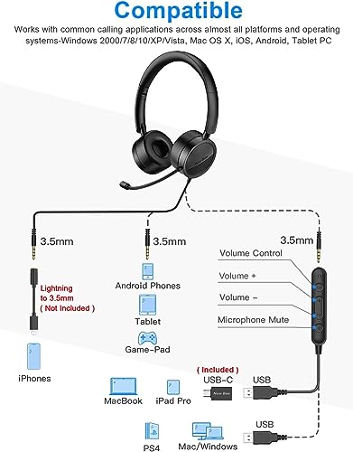 New bee USB Headset with Mic for PC, On-Ear Computer Laptop Headphones with Noise Cancelling Microphone & USB-C Adapter for Home Office Online Class Skype Zoom (Black)