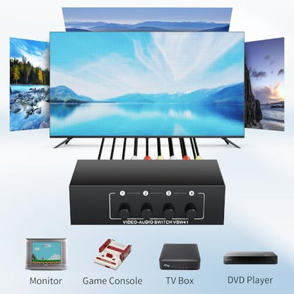 RCA Switch 4 in 1 Out for Wii PS2 Xbox DVD | 4X1 Composite Video L/R Audio Selector Box RCA Switcher Plug & Play - style: 4 in 1 out