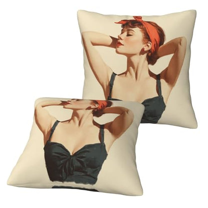 Retro Woman Red Headband Big Bow Throw Pillows Covers, Couch Sofa Pillow Cases,Zipper Bedding Cushion Cases for Living Room,18x18 Inch