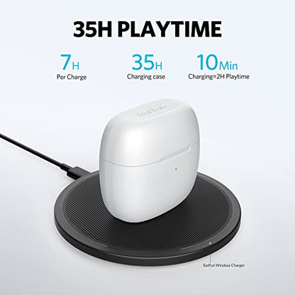 EarFun Air True Wireless Earbuds, Bluetooth Earbuds with 4 Mics Clear Call | IPX7 Waterproof, Game Mode, Deep Bass, Wireless Charging, USB-C Fast Charge, 35Hrs, White - color: White
