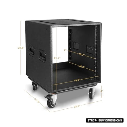 Sound Town 12U PA/DJ Rack/Road Case with 12-Space, Industry-Grade 0.7" (18mm) Plywood with Polyurea Coating, Rain Cover, Casters, 21.7" Rackable Depth - Pro Tour Grade (STRCP-12UW) - size: 12U with 21.7" Depth, Rain Cover, Casters