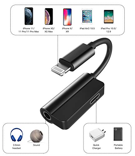 Lightning to 3.5mm Jack Dongle Splitter(2in1) for Apple MFI Certified for iPhone Aux Adapter Headphone Audio Cable Charger Cord for 7 8 Plus X Xr 14 13 12 11 Pro Max for iPad Charging Music Earphone