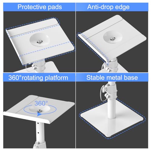 Suptek Free-Standing Speaker Stand Desktop Set, 9.6 x 8.8 inch Trays, Height Adjustment and Tilt, Universal Audio Holders for Computer and Bookshelf Speakers, Elevated Sound, 2 Pack, White, SDM001TW - color: White, size: 9.6" x 8.8" x 14.2"