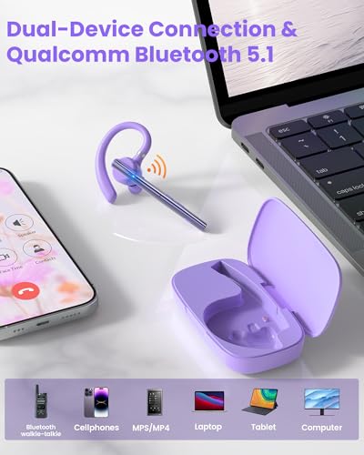 New Bee Bluetooth Headset V5.1 72H Talk Dual Mic with Mute Button for Business, Wireless Hand-Free Bluetooth Earpiece with 500mAh Charging Case for Cell Phone Calls Trucker Driver - color: Purple, style: M54