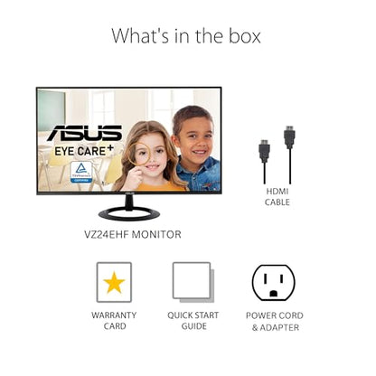 ASUS 24” (23.8-inch viewable) Eye Care Monitor (VZ24EHF) - IPS, Full HD (1920 x 1080), Frameless, 100Hz, Adaptive-Sync, 1ms, HDMI, Low Blue Light, Flicker Free, Ultra-Slim Profile, 3 Year Warranty - style: 100Hz Frameless