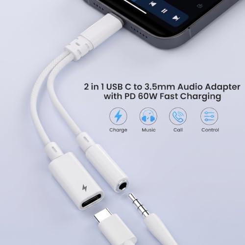 USB c to 3.5mm headphone adapter with charging, 2 in 1 USB C to 3.5mm Aux Audio Jack Dongle with PD 30W Fast Charging Port, Compatible with iPhone 17/16, Galaxy S26/S25, Google Pixel 10/9, for Car AUX