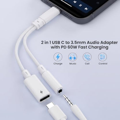 USB c to 3.5mm headphone adapter with charging, 2 in 1 USB C to 3.5mm Aux Audio Jack Dongle with PD 30W Fast Charging Port, Compatible with iPhone 17/16, Galaxy S26/S25, Google Pixel 10/9, for Car AUX