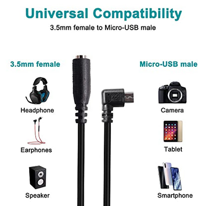 MEIRIYFA Micro USB Male to AUX 3.5mm Audio Cable Cord Right Angled | 1/8" 4 Pole TRRS Female to Micro USB 5pin Male Adapter for Headset Active Clip Mic Microphone 2Pack- 15cm