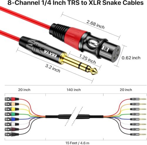 EBXYA 8 Channel 1/4 Inch TRS to XLR Snake Cables,Recording Snake Cable | 6.35mm Jack Stereo Audio Balanced Line to XLR Female Cables,15 Feet 1 Pack - size: 8-Channel 15 Feet, style: TRS to XLR Female