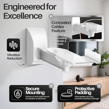 TNP Bookshelf Speaker Wall Mounts, Dual Side Clamps, 55 lb, 2 Pack, White | Rear Surround Sound Speaker Mounts Fit 5.5-11 In Wide Speakers, with 45° Swivel and 7.5° Tilt for Home Theater or Studio - color: White