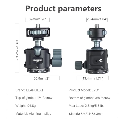 Tripod Metal Ball Head, 360° Rotating Base Adapter, Equipped with 1/4-inch Screw and Cold Shoe Mount, Compatible with Cameras, Smartphones and iPad Mounts, Max Load: 2.5kg/5.5 lbs