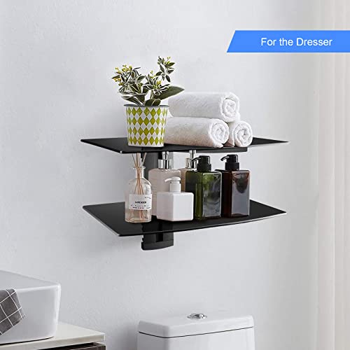 Suptek Glass Floating Shelves, TV Wall Mount with Shelf for DVD Player / PS4 / Cable Boxes/Game Consoles/Sky Box/TV Accessories, Flat Black 2-Tier Wall Mount Bracket - color: Black 2 Tier