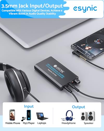 eSynic Rechargeable 16-150Ω Headphone AMP Poratble-3.5MM Audio in & Out | Metal Case Headphone Amplifier with Volume Control-2-Stage Gain Switch Function- 12h Playtime-For Car/MP3&4/Phone/PC/Laptop