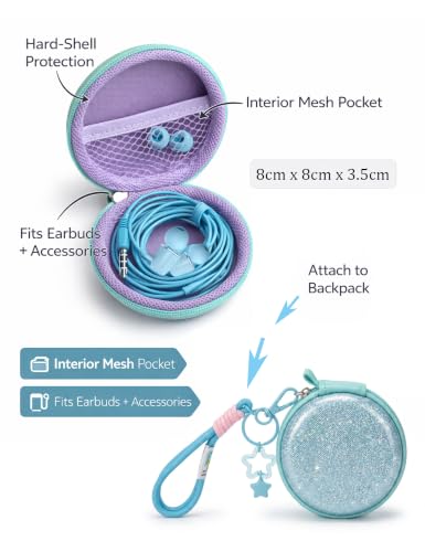Glitter Skyblue Teens Wired Earbuds with Case, 3.5mm Headphones for School | GOGOSINIS Wired Student Earbuds with Glitter Blue Case, Braided Lanyard Wristlet & Star Keychain Charm, For School backpacks - color: Glitter Skyblue