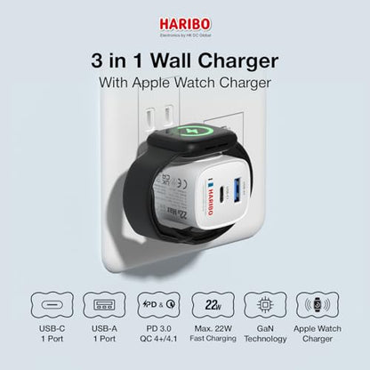 Haribo Charger Block for Apple Watch, 3-in-1 PD 20W USB C Charging Station with Built-in Wireless Smart Watch Charging, Dual Ports Wall Charger Compatible with iPhone,AirPods,iWatch - color: Blue