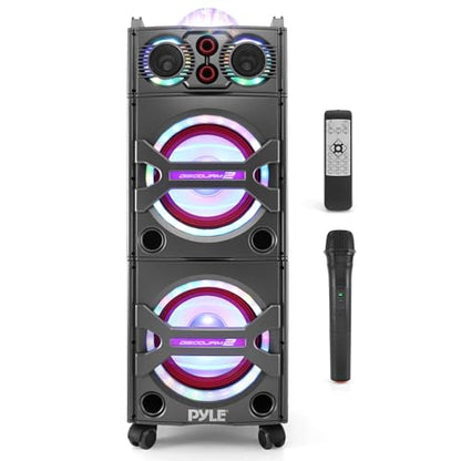 Portable Bluetooth PA Speaker System - 2000W Active Powered Outdoor Bluetooth Speaker Portable PA System w/Microphone in, Party Lights, USB SD Card Reader, AUX/RCA/FM Radio, Wheels - Pyle PSUFM1043BT - color: Charcoal