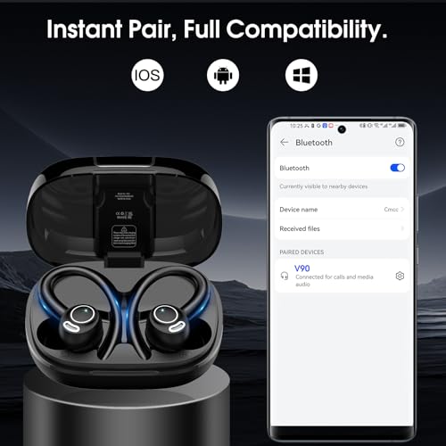 Wireless Sports Earbuds with Secure Earhook, 48H Deep Bass/ENC Mic Ear Buds | Wireless Earphone with LED Display, Bluetooth 5.3 Headphones In Ear, IPX7 Waterproof Over Ear Buds for Running/Workout - color: Black