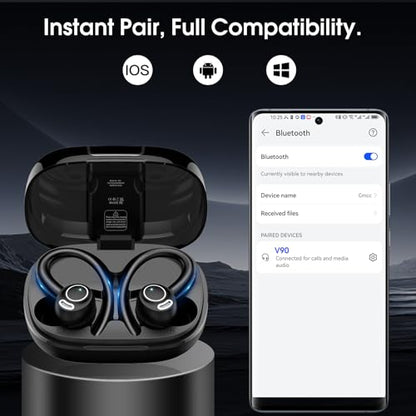 Wireless Sports Earbuds with Secure Earhook, 48H Deep Bass/ENC Mic Ear Buds | Wireless Earphone with LED Display, Bluetooth 5.3 Headphones In Ear, IPX7 Waterproof Over Ear Buds for Running/Workout - color: Black