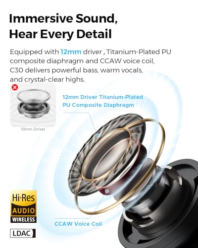 SoundPEATS C30 - True Wireless Earbuds - Bluetooth Headphones 6.0 - Beige | Hybrid ANC LDAC Hi-Res Audio 52H Playtime -52dB Adaptive Noise Cancelling 6-Mic Clear Call 12mm Driver Multi-Point IP54 - color: Beige