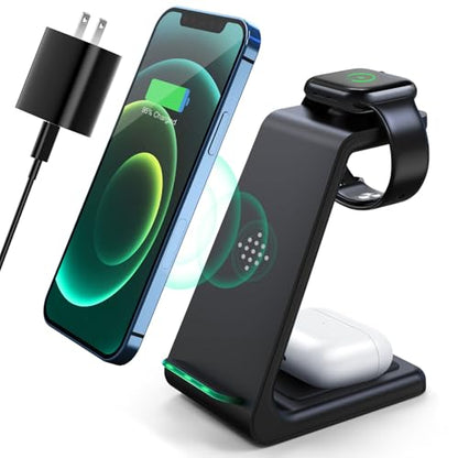 3 in 1 Wireless Charging Station, 2026 Upgraded Fast Desk Charger Station for iPhone 17 16 15 14 13 12 Pro Max Plus, Charger Stand for Apple Watch 10 9 8 7 6 5 4 3 2 SE, Airpods 4 3 2 Pro(Black) - color: B-Black