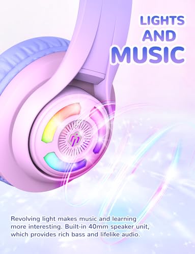 iClever BTH13 Kids Bluetooth Headphones for Girls, LED Cat Ear Travel Gift | SafeSound Tech, 50H Playtime, USB C Charging, AUX Cable, Stereo Sound, Kids Headphones Wireless with Mic for Tablet PC - color: Pink Gradient