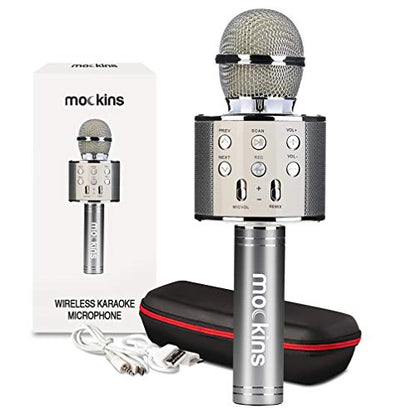 Mockins Silver Bluetooth Karaoke Microphone for Kids with Built in Wireless Speaker| Wireless Microphone Karaoke Compatible with iOS & Android | All-in-One Mic - color: Silver